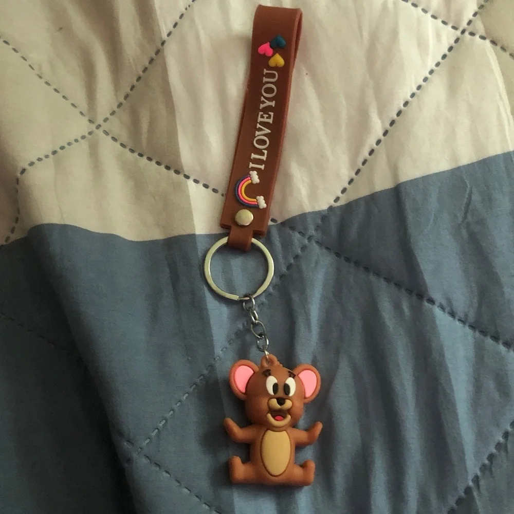 Brown 'I Love You' Keychain with Cartoon Mouse Charm